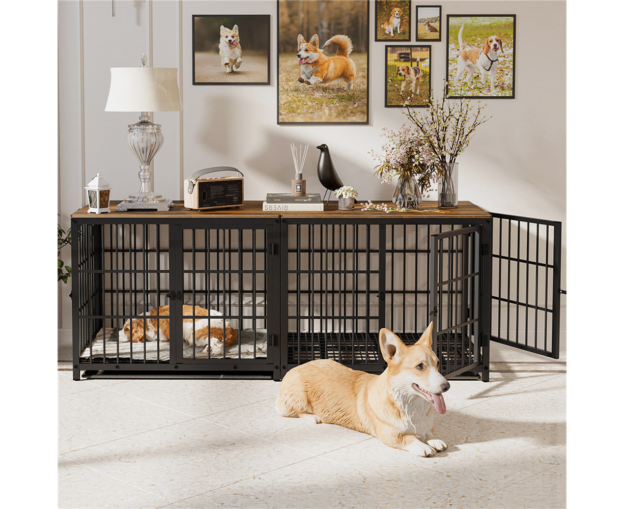 Wooden Dog Crate Furniture for Small Medium, 3 Doors Wire Wood Dog Kennel with Tray, Indoor End Table - Black