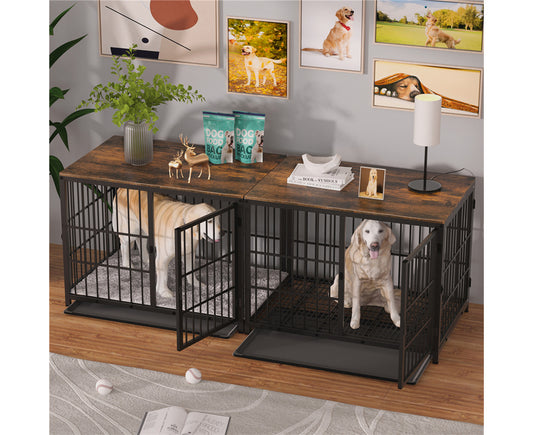 Wooden Dog Crate Furniture for Small Medium, 3 Doors Wire Wood Dog Kennel with Tray, Indoor End Table - Black