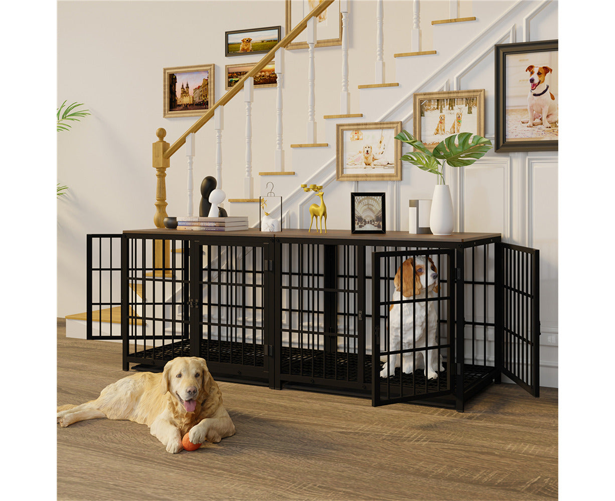 Wooden Dog Crate Furniture for Small Medium, 3 Doors Wire Wood Dog Kennel with Tray, Indoor End Table - Black