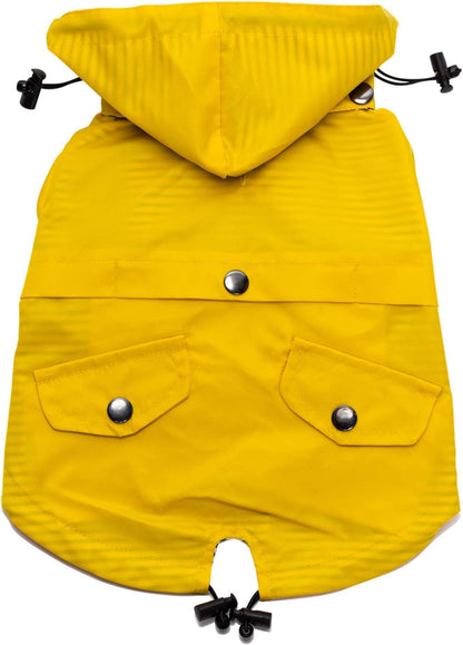 Yellow Zip up Dog Raincoat with Reflective Buttons, Pockets, Rain/Water Resistant, Adjustable Drawstring, & Removable Hood - Size XS to XXL Available - Stylish Premium Dog Raincoats by Ellie (M)